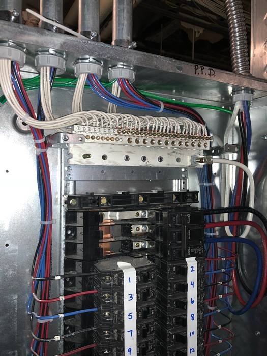 Circuit breaker panel interior showing numbered circuits, neutral bus bar, and conduit feeds